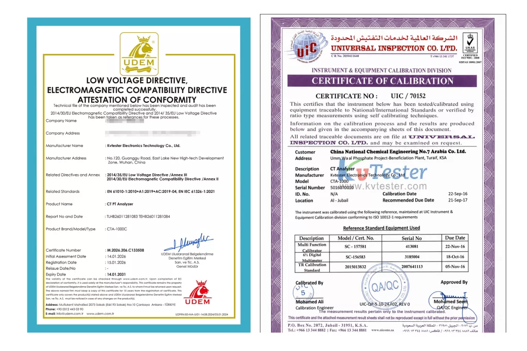 CTA-1000C CT PT Analyzer Certificate